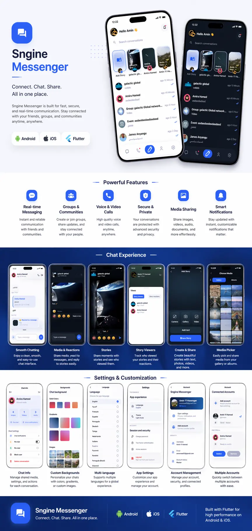 Sngine Messanger &ndash; Flutter Social Networking App (Android & iOS) preview image